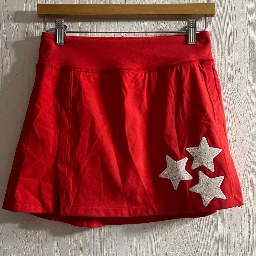 Judith March Red Mini Skort with Silver Star Appliqués